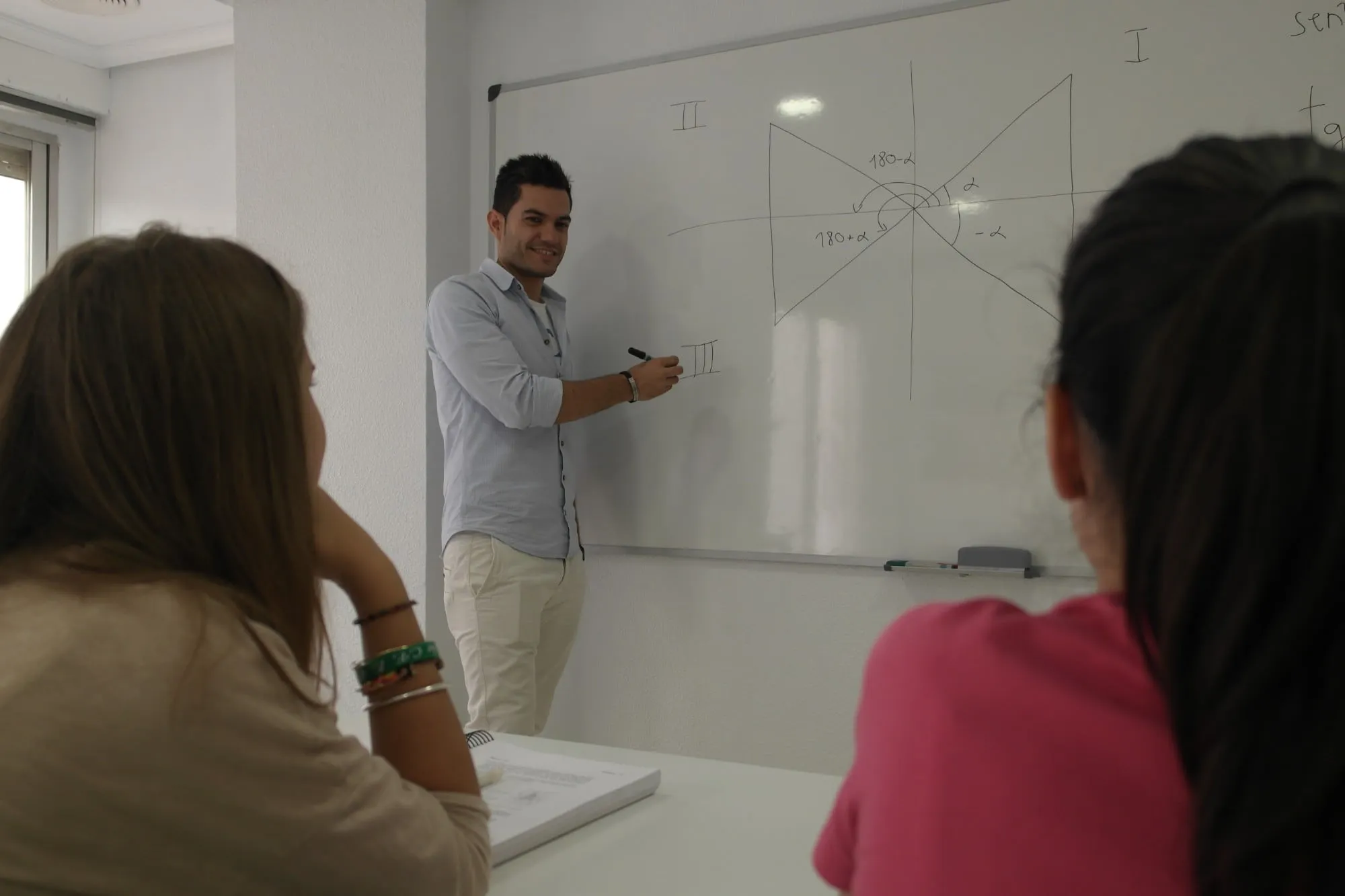 El profesor explica en la pizarra a dos alumnas
